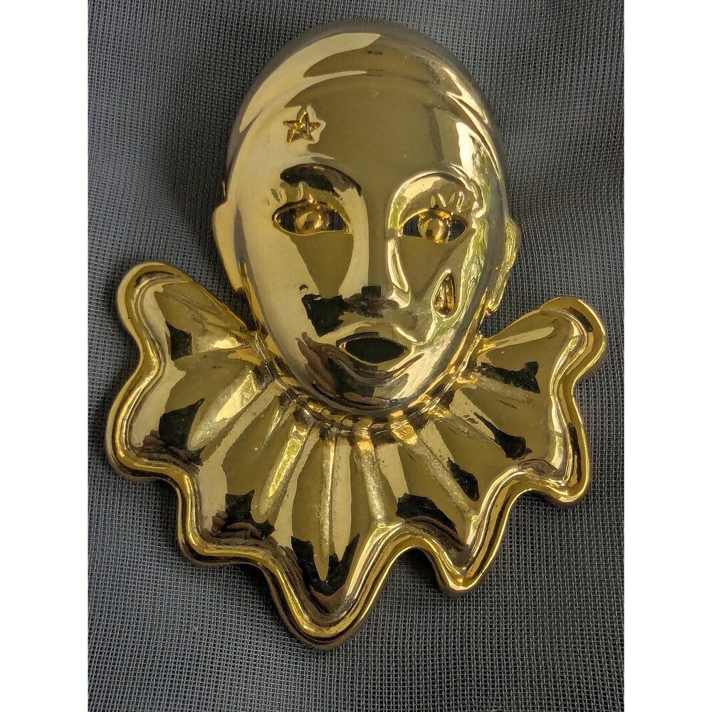 Vintage Theater Mask Brooch Gold Tone Mime Clown Pin Harlequin Jewelry Gift - Picture 3 of 5